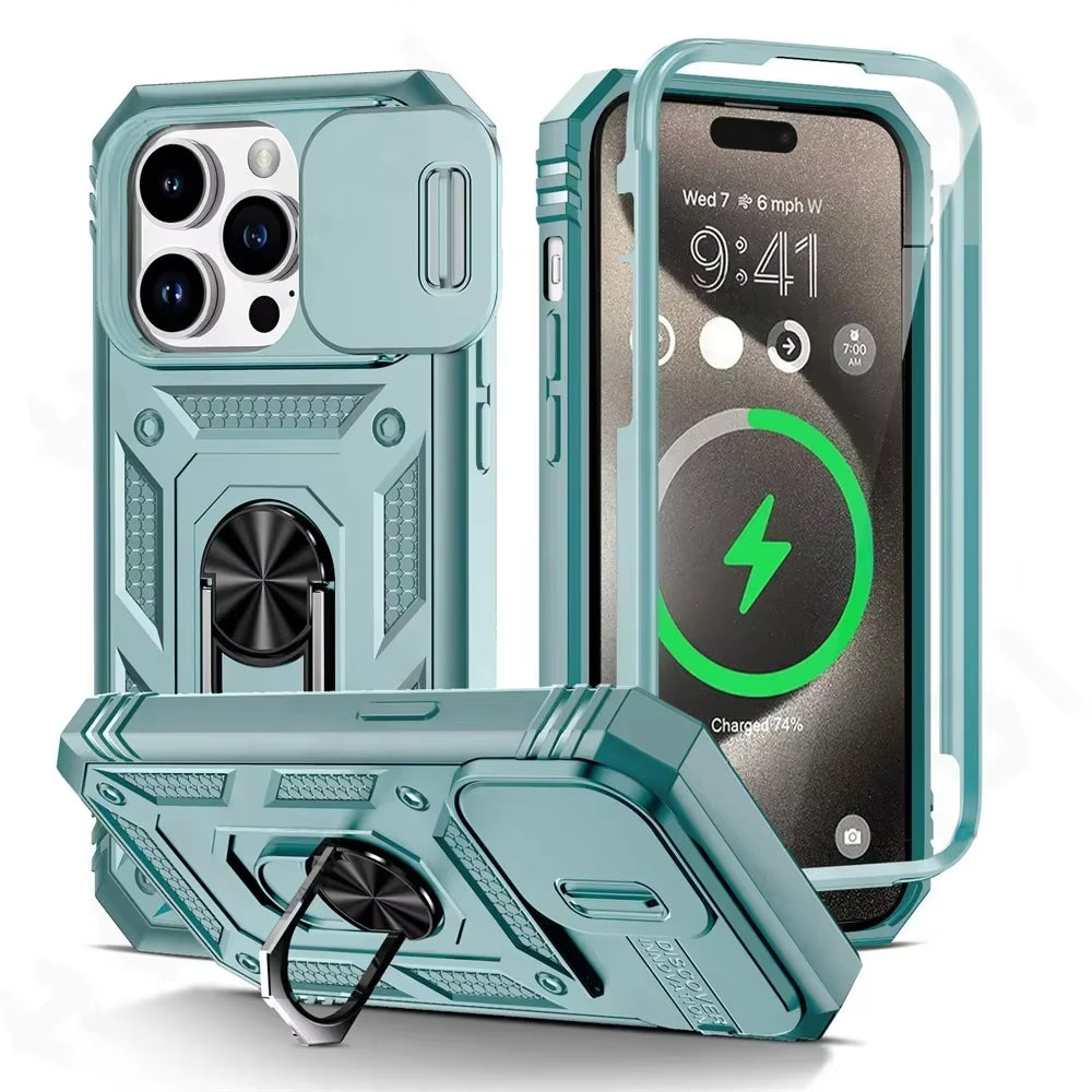 Stevige iPhone-hoes met 360° draaibare standaard en camerabescherming.