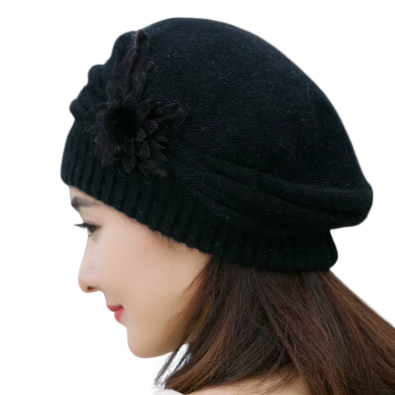 Béret d'hiver en laine – Bonnet fleuri tricoté automne-hiver