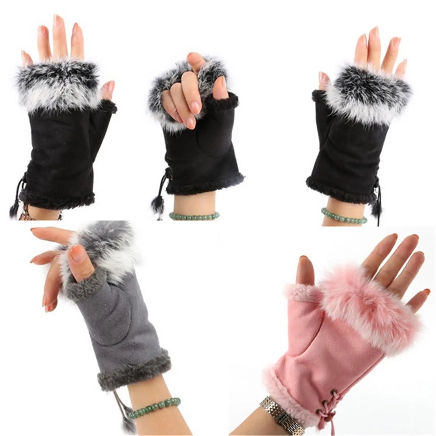 Moufles demi-doigts en peluche, gants en fausse fourrure et cuir