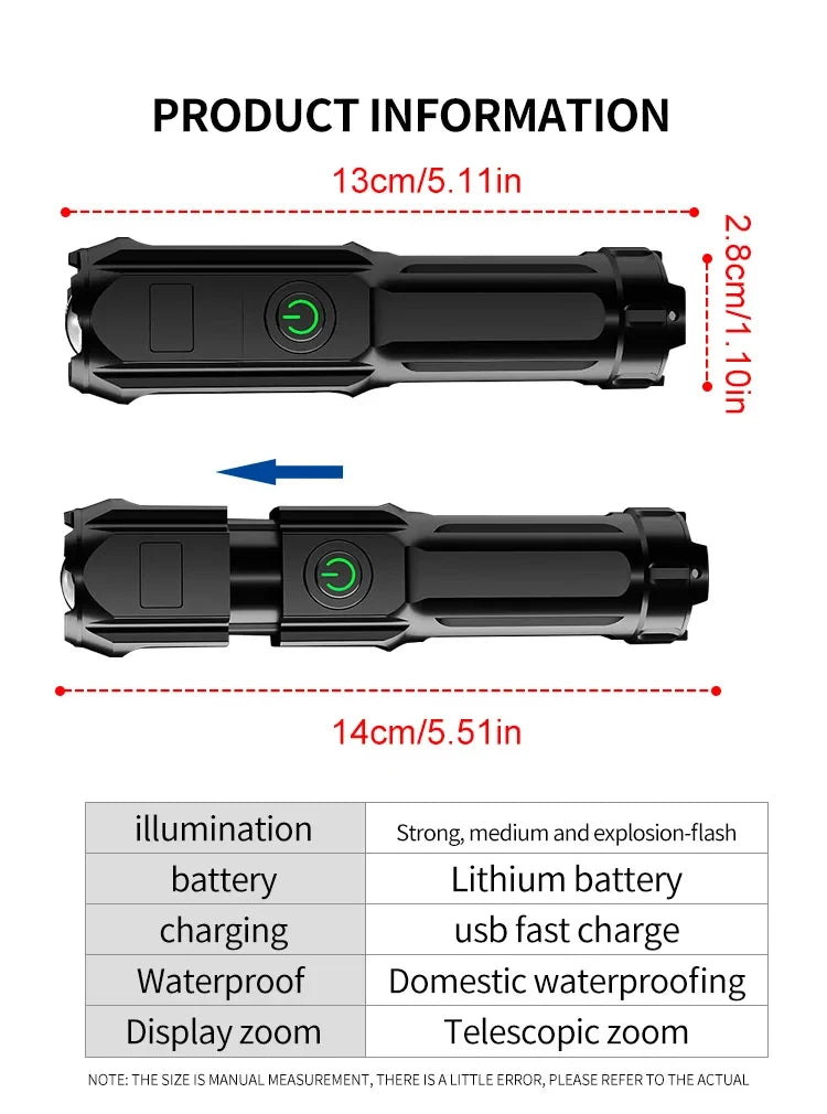 Lampe torche de camping LED rechargeable – Lampe torche USB avec zoom, étanche