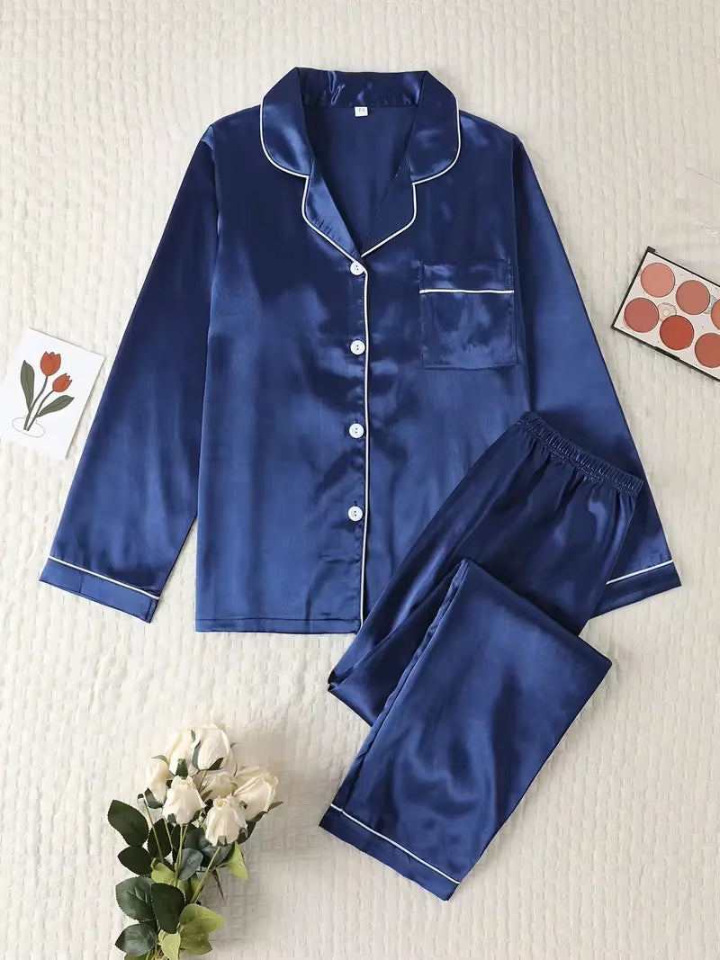 Spring & Autumn Silk Pajamas – Long Shirt & Pants Homewear