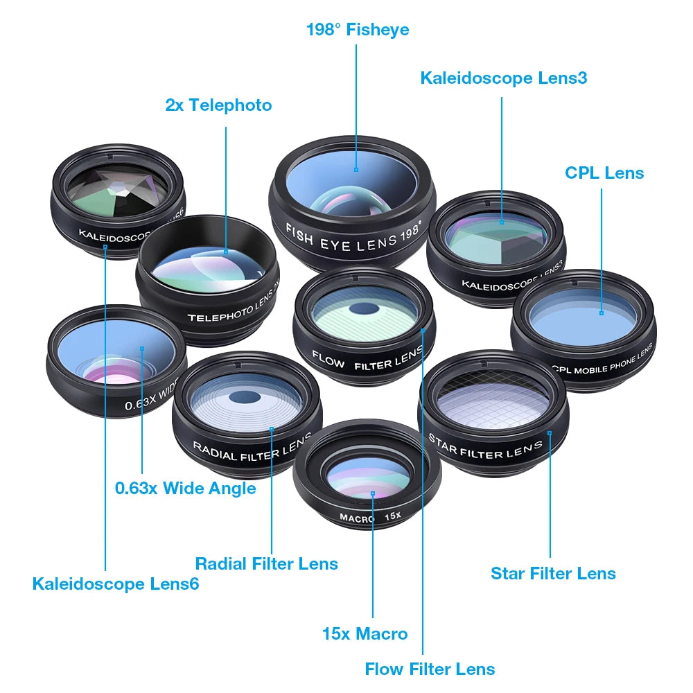 Kit d'objectifs universels 10 en 1 pour smartphone avec fisheye, grand angle et macro.