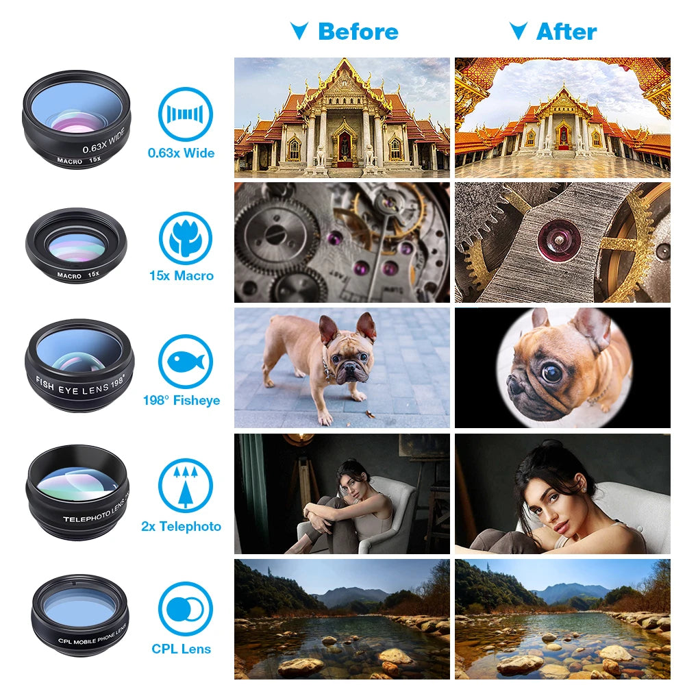 Kit d'objectifs universels 10 en 1 pour smartphone avec fisheye, grand angle et macro.