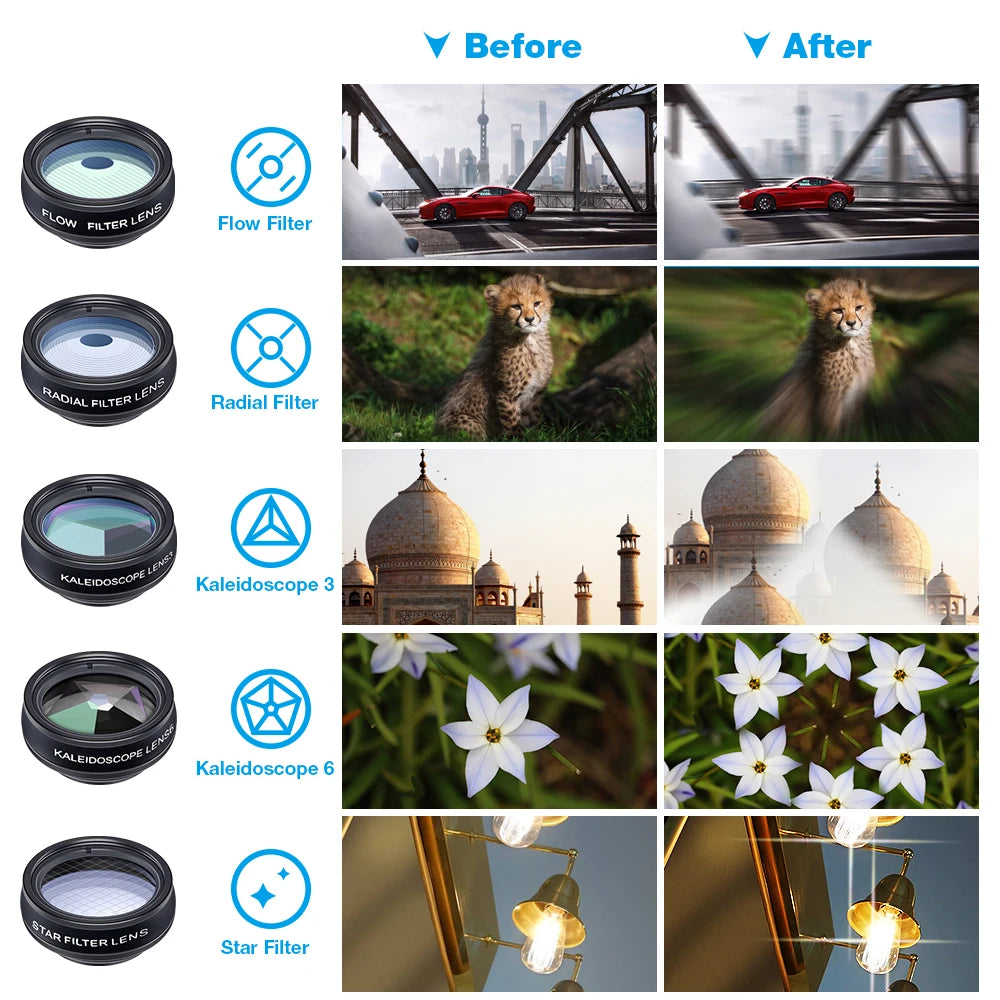 Kit d'objectifs universels 10 en 1 pour smartphone avec fisheye, grand angle et macro.