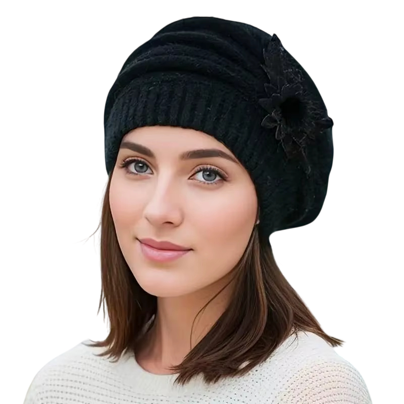 Winter Wool Beret – Knitted Flower Hat Autumn Winter