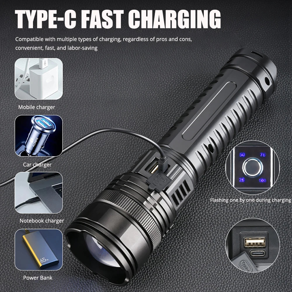 Ultra-Powerful LED Flashlight – 800W, 15000mAh Rechargeable Spotlight