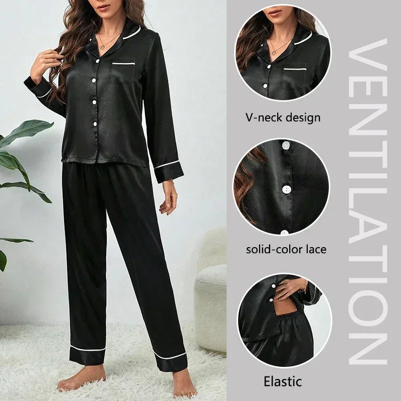 Spring & Autumn Silk Pajamas – Long Shirt & Pants Homewear