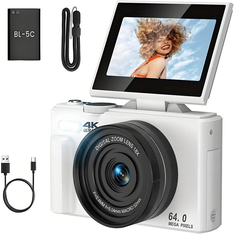 4K 64MP Digital Camera – 18X Zoom, Flip Screen Photography