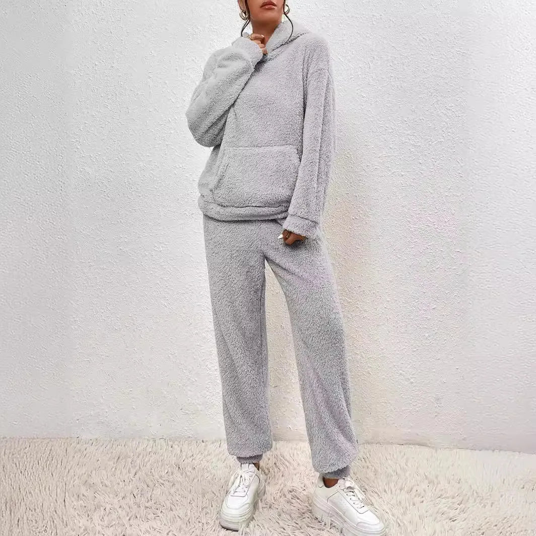 Plush Hooded Sweatshirt & Pants Winter Set Warm Casual