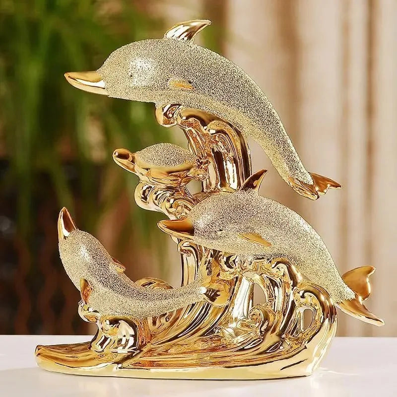 Golden Crystal Dolphin Figurine – Ceramic Decorative Sculpture