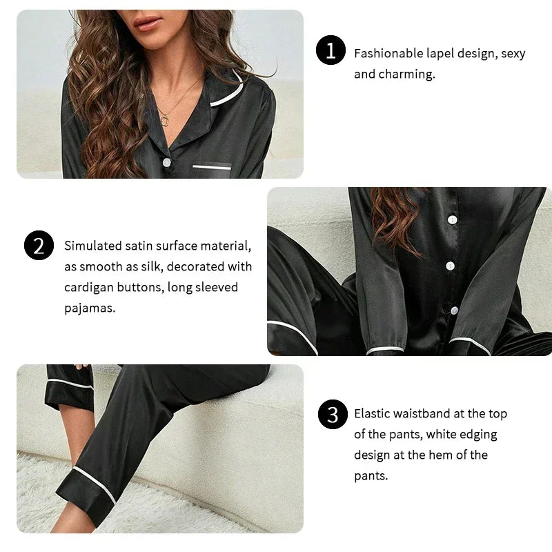 Spring & Autumn Silk Pajamas – Long Shirt & Pants Homewear