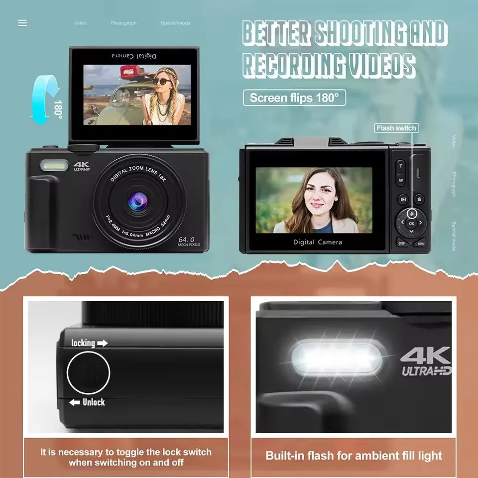 4K 64MP Digital Camera – 18X Zoom, Flip Screen Photography