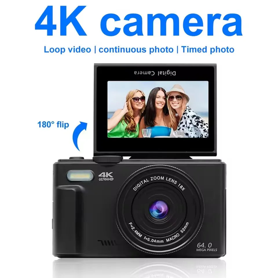 4K 64MP Digital Camera – 18X Zoom, Flip Screen Photography