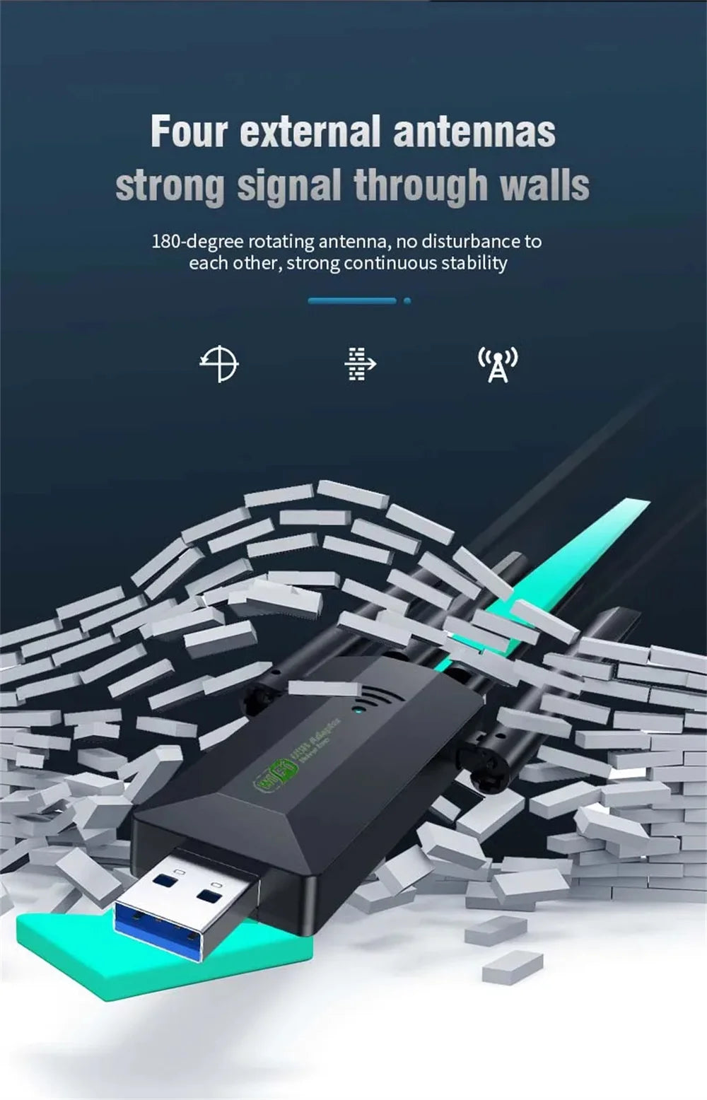 Dual Band USB WiFi Adapter 1200Mbps – 4 Antennas