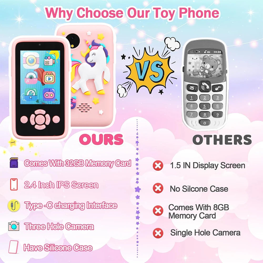 Téléphone jouet pour enfants – Appareil photo, lecteur MP3 et jeux de puzzle, 32 Go
