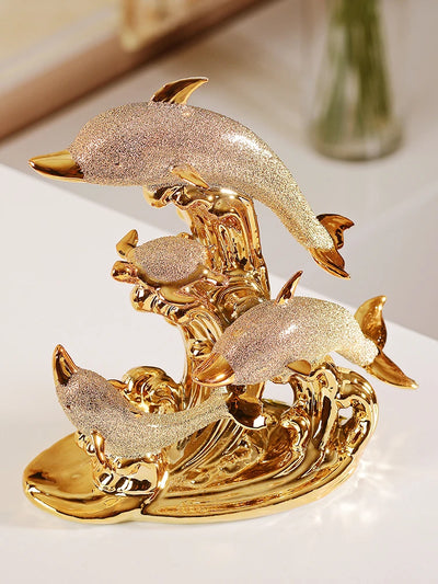 Golden Crystal Dolphin Figurine – Ceramic Decorative Sculpture
