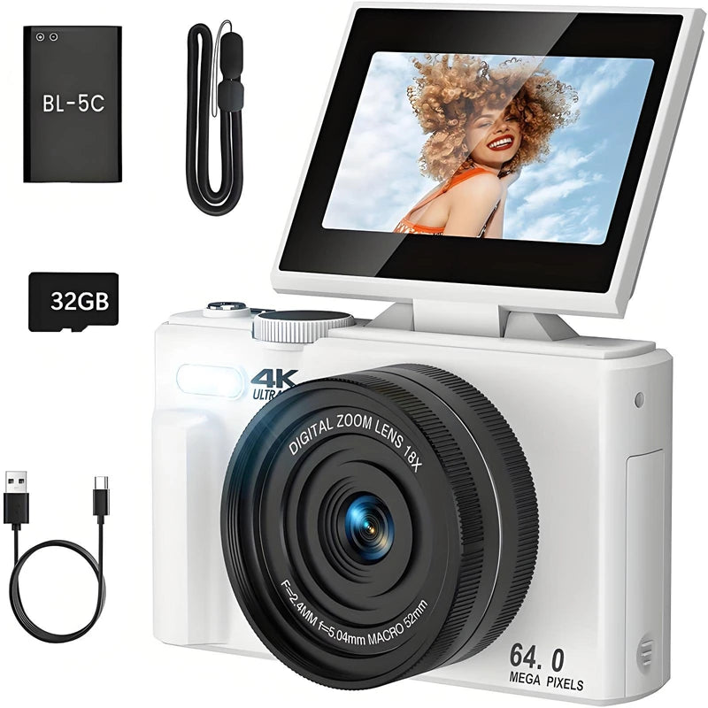 4K 64MP Digital Camera – 18X Zoom, Flip Screen Photography