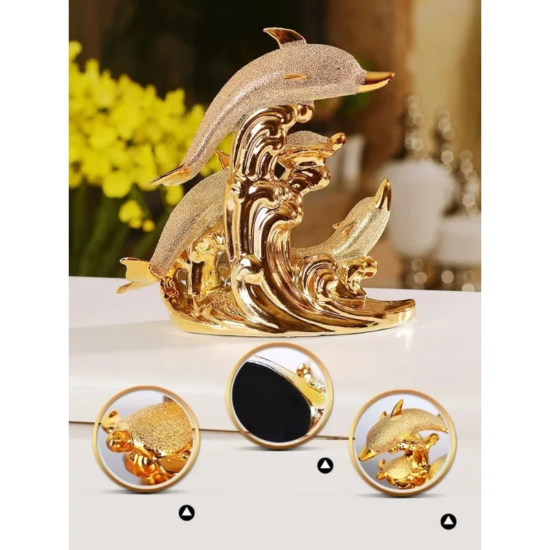 Golden Crystal Dolphin Figurine – Ceramic Decorative Sculpture