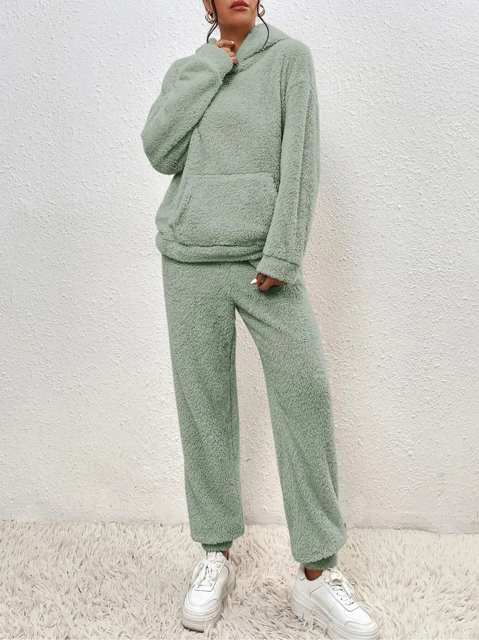 Plush Hooded Sweatshirt & Pants Winter Set Warm Casual