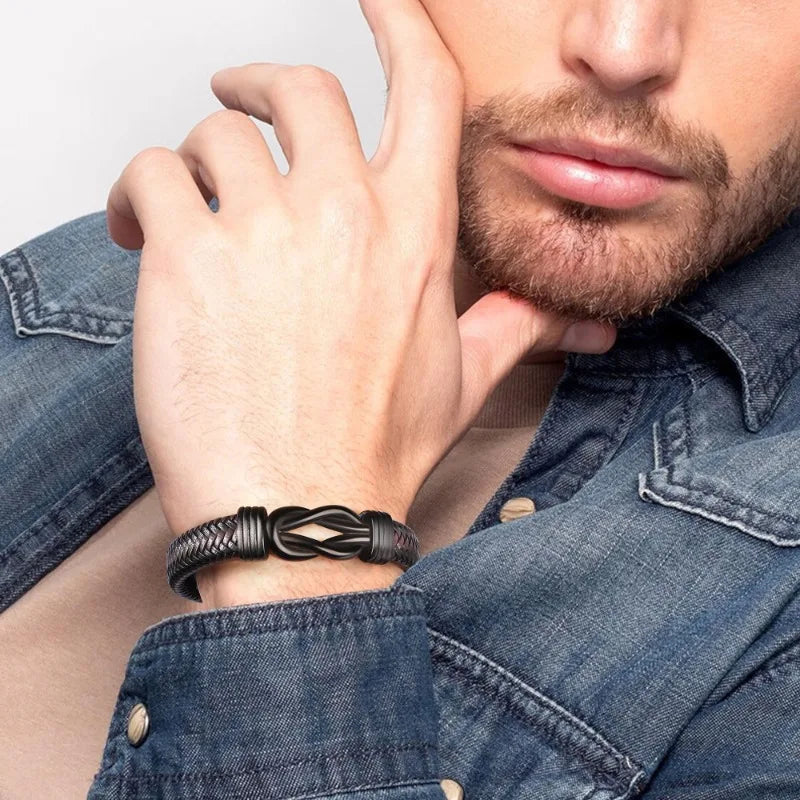 Leather Knot Bracelet for Men – Stainless Steel Infinity