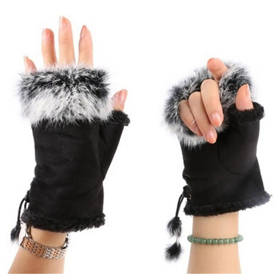 Plush Half-Finger Mittens Faux Fur & Leather Gloves