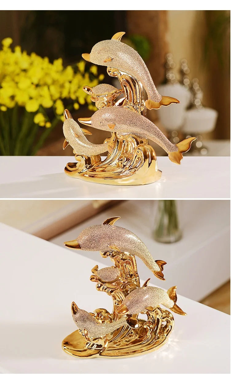 Golden Crystal Dolphin Figurine – Ceramic Decorative Sculpture