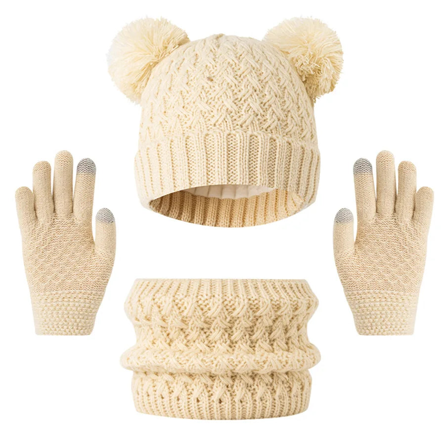 Gebreide winterset voor kinderen – muts, sjaal en handschoenen, geschikt voor kinderen van 3 tot 12 jaar.