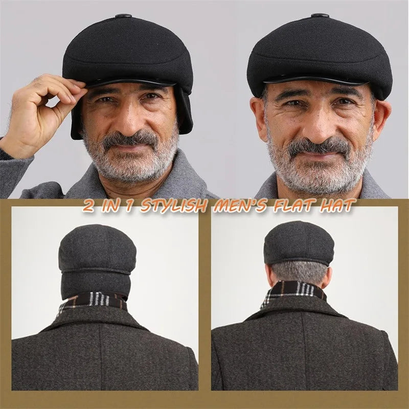 Winter Beret Flat Cap – Warm 5-Panel Hat with Ear Flaps