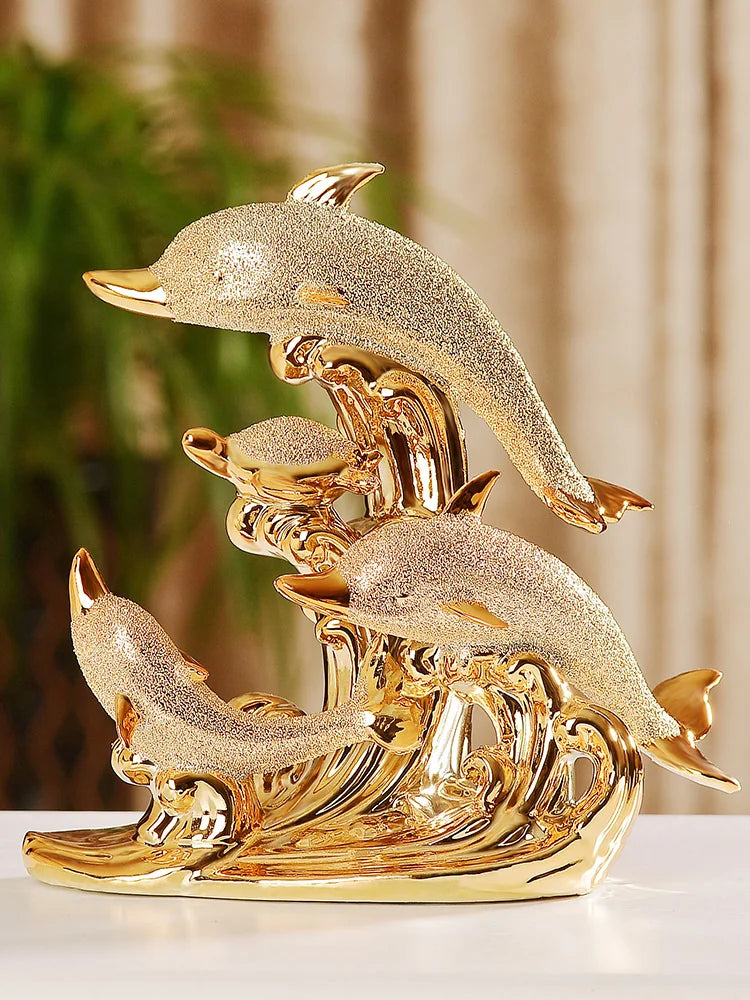 Golden Crystal Dolphin Figurine – Ceramic Decorative Sculpture