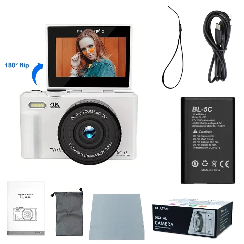 4K Vlogging Camera AC600 – 64MP, 18X Zoom, Flip Screen