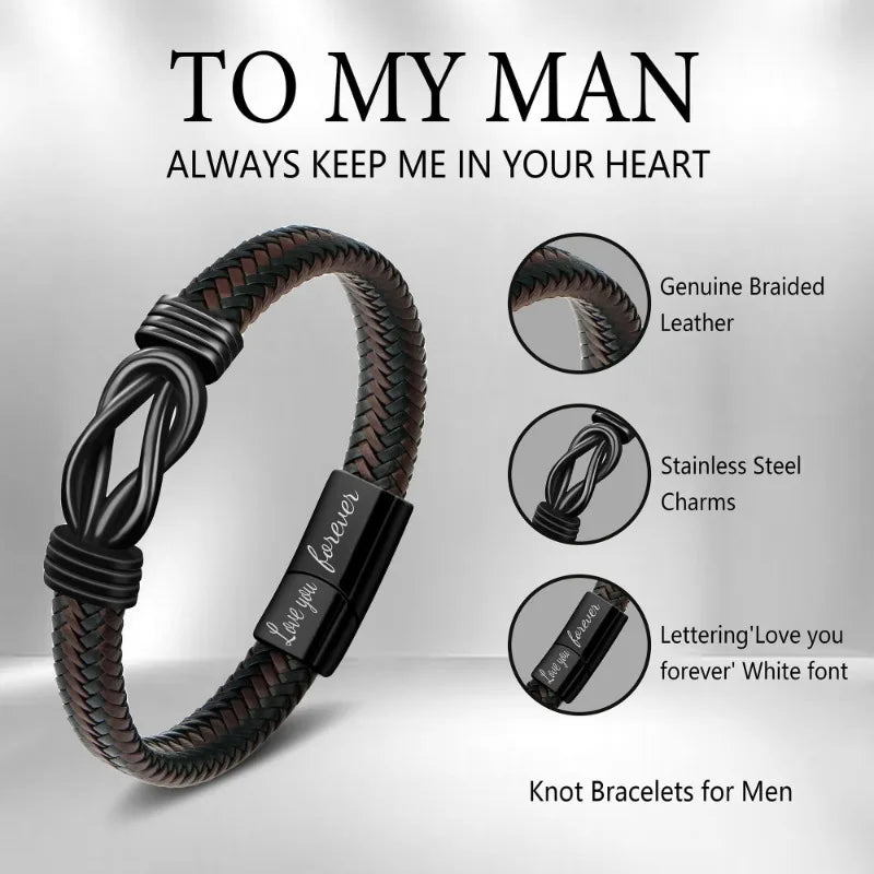 Leather Knot Bracelet for Men – Stainless Steel Infinity