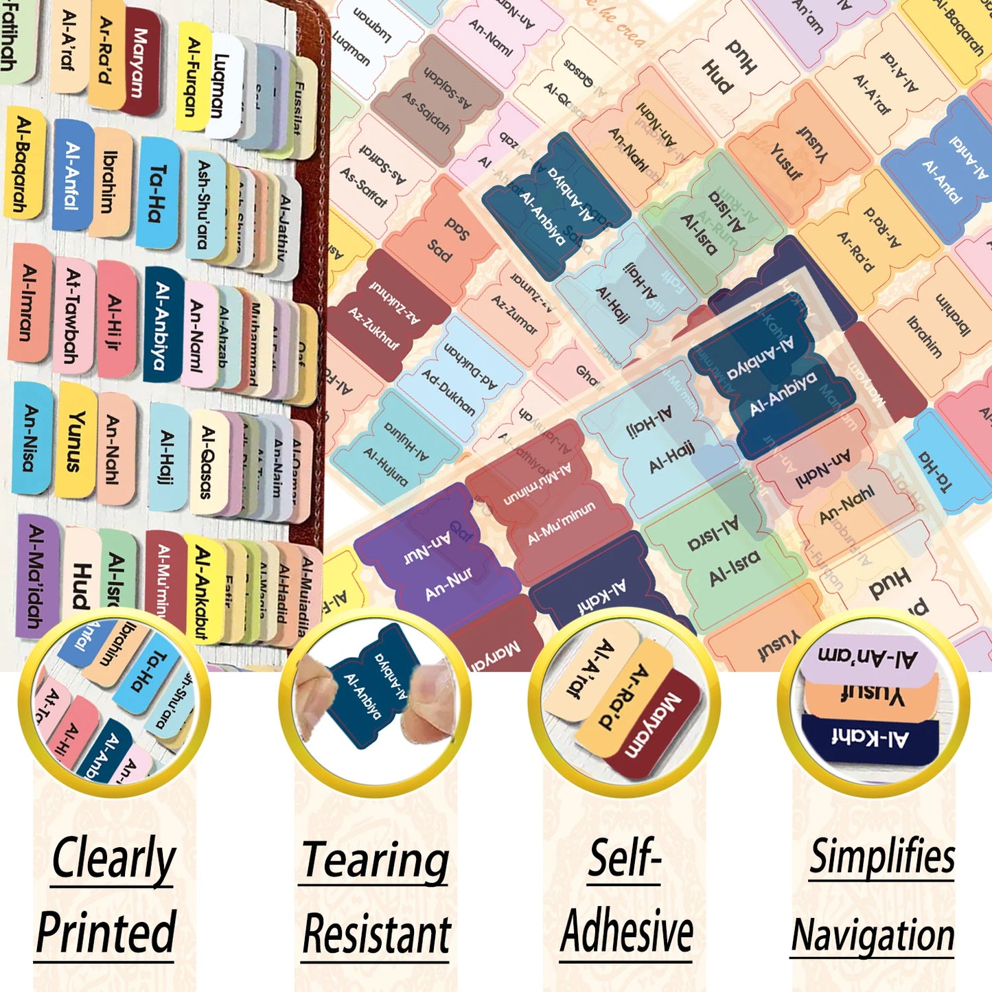 Quran Index Tabs – 125 Laminated Surah Chapter Stickers