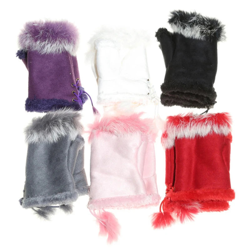 Pluche wanten met halve vingers, handschoenen van imitatiebont en leer