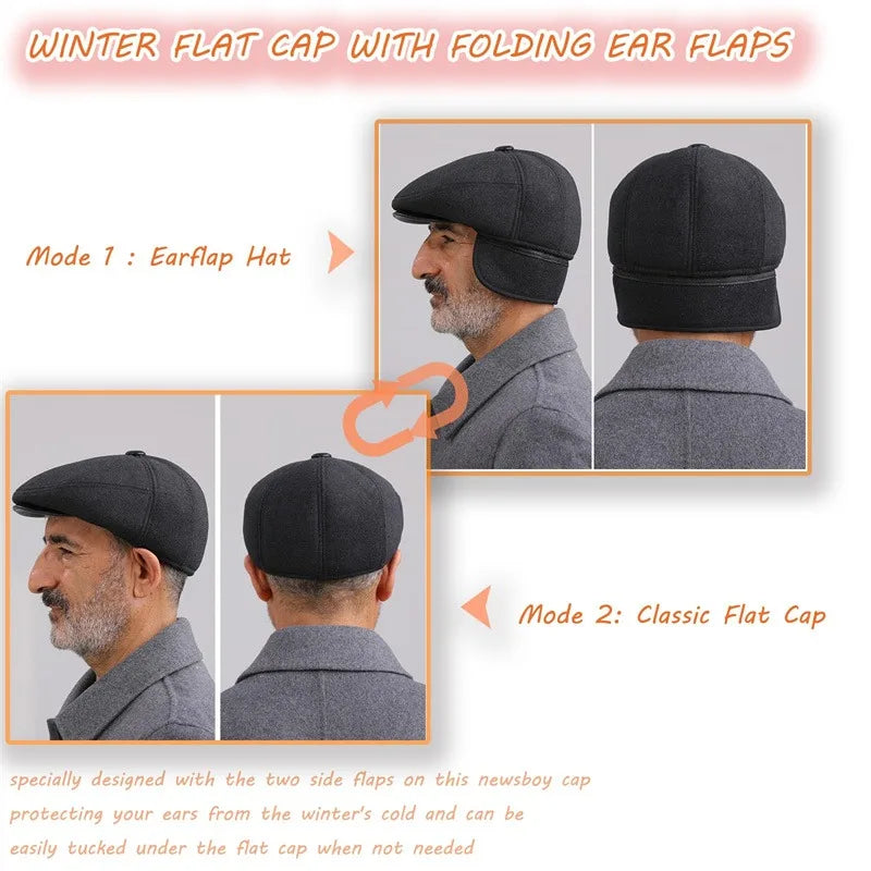 Winter Beret Flat Cap – Warm 5-Panel Hat with Ear Flaps