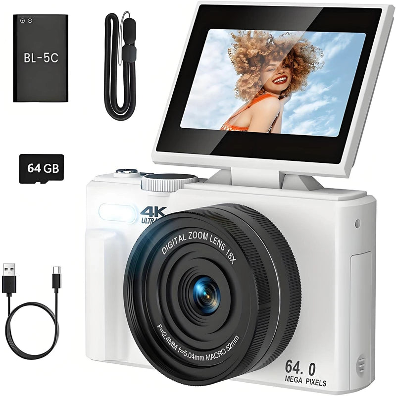 4K 64MP Digital Camera – 18X Zoom, Flip Screen Photography