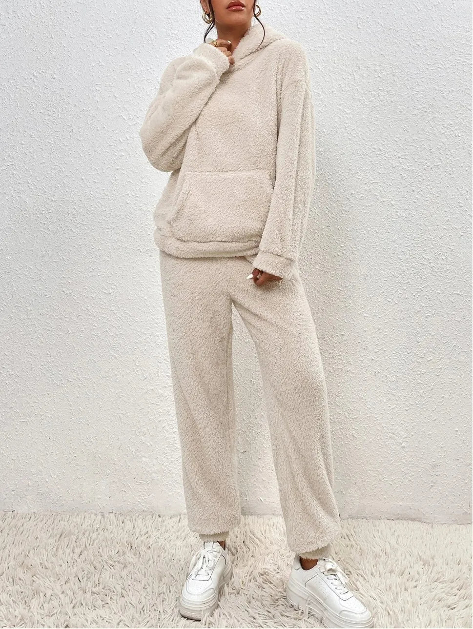 Plush Hooded Sweatshirt & Pants Winter Set Warm Casual