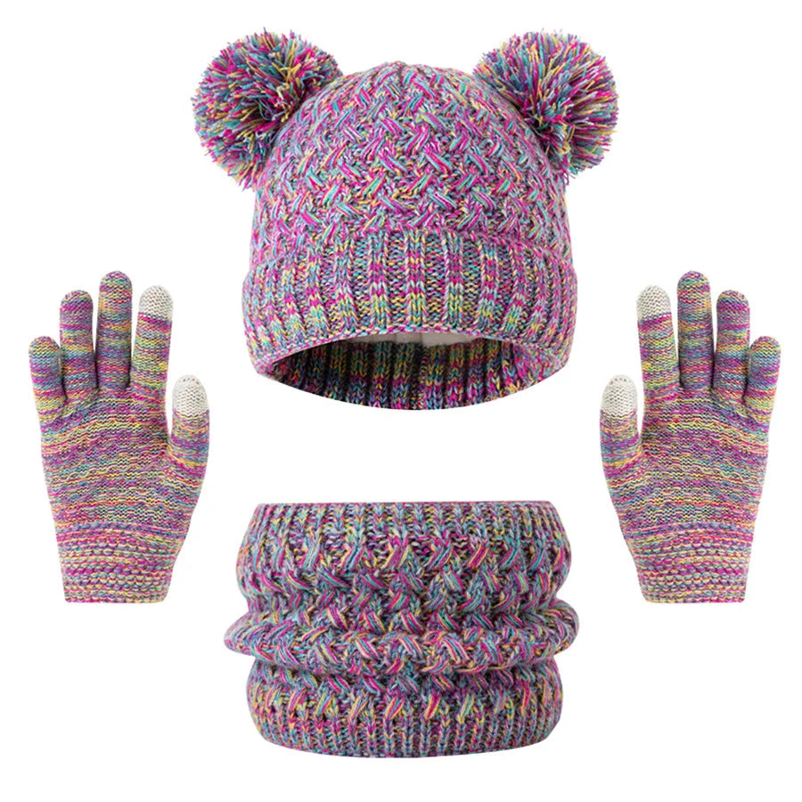 Gebreide winterset voor kinderen – muts, sjaal en handschoenen, geschikt voor kinderen van 3 tot 12 jaar.