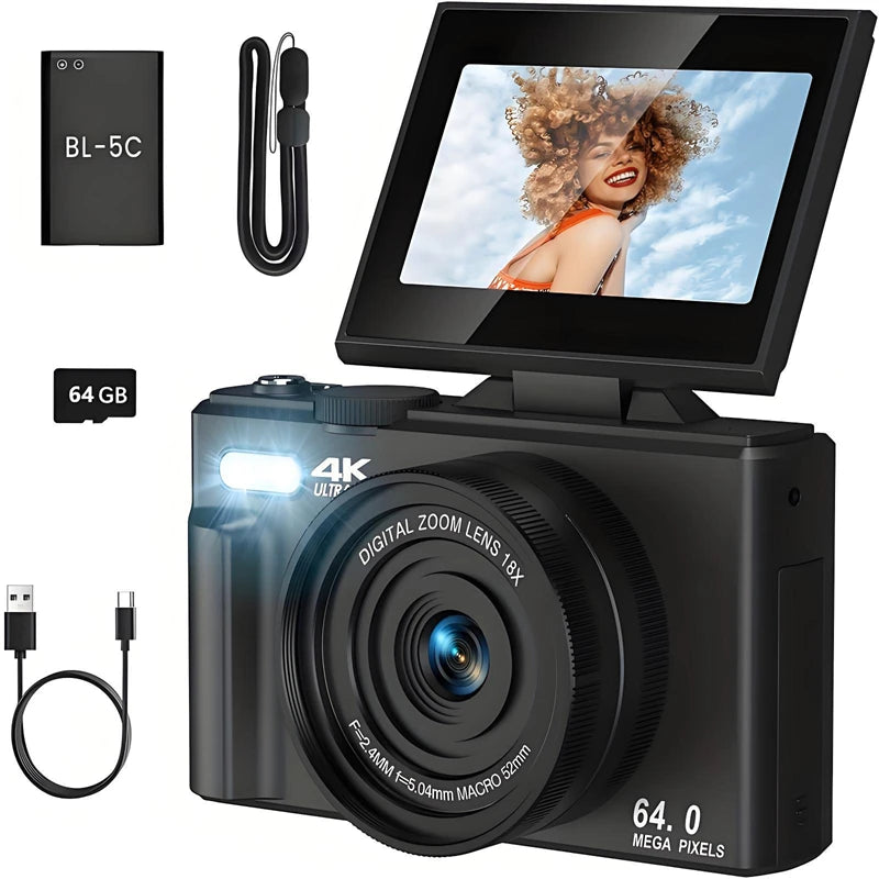 4K 64MP Digital Camera – 18X Zoom, Flip Screen Photography
