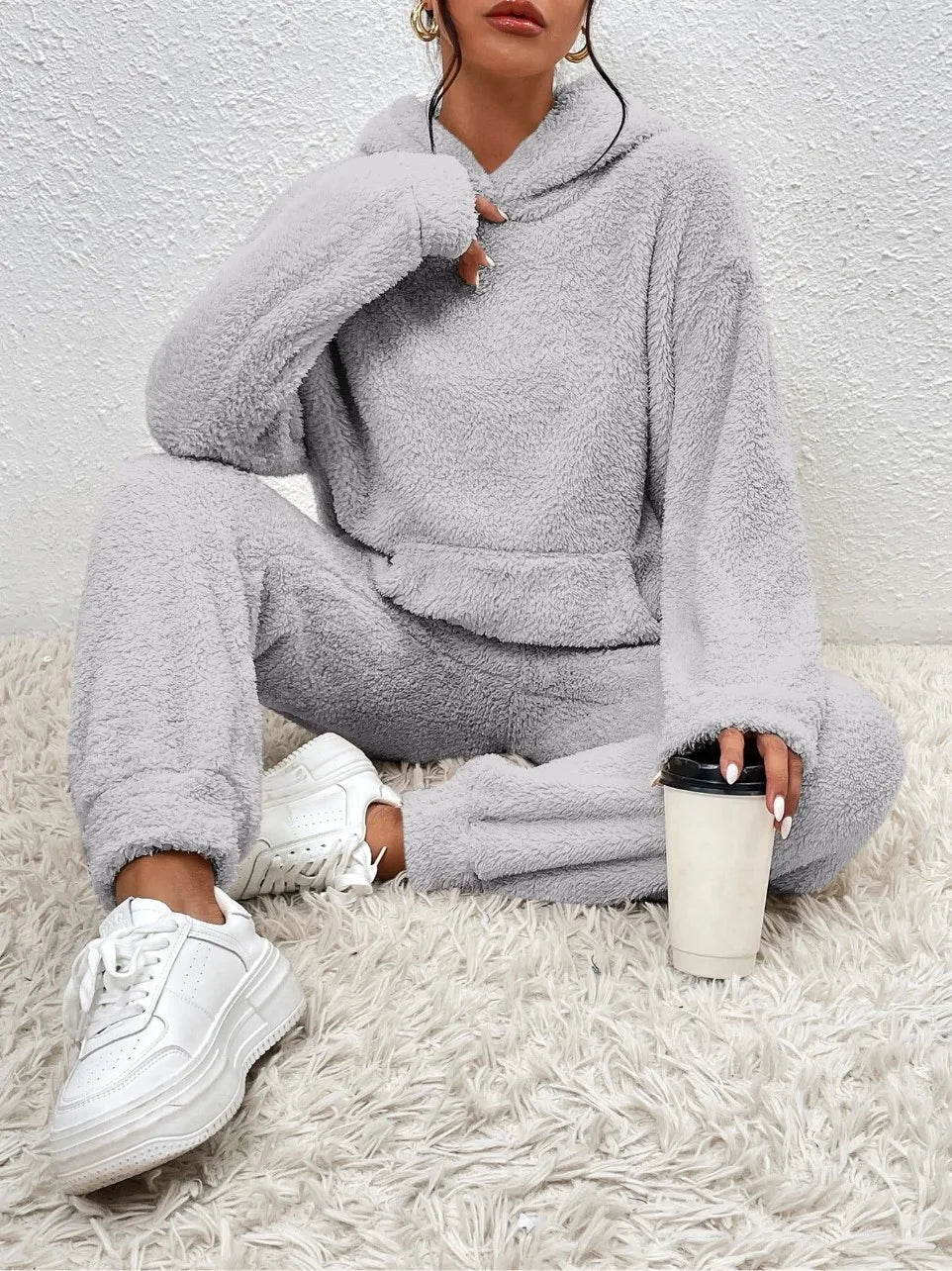 Plush Hooded Sweatshirt & Pants Winter Set Warm Casual