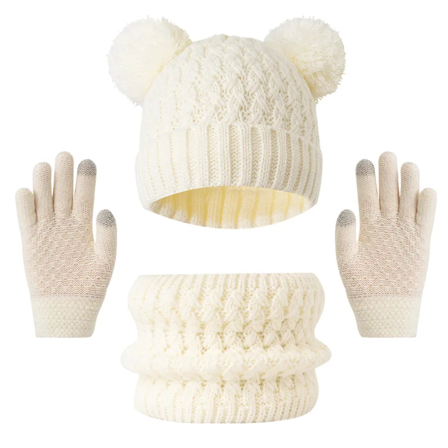 Gebreide winterset voor kinderen – muts, sjaal en handschoenen, geschikt voor kinderen van 3 tot 12 jaar.
