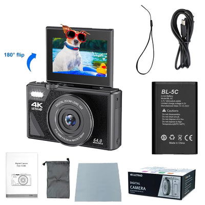 4K Vlogging Camera AC600 – 64MP, 18X Zoom, Flip Screen