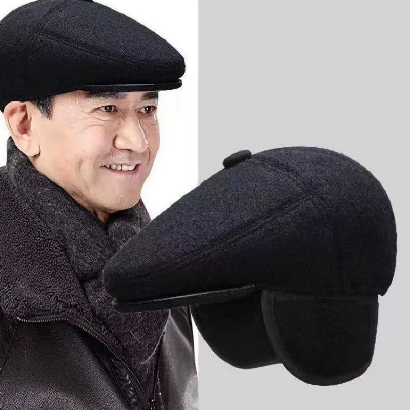 Winter Beret Flat Cap – Warm 5-Panel Hat with Ear Flaps