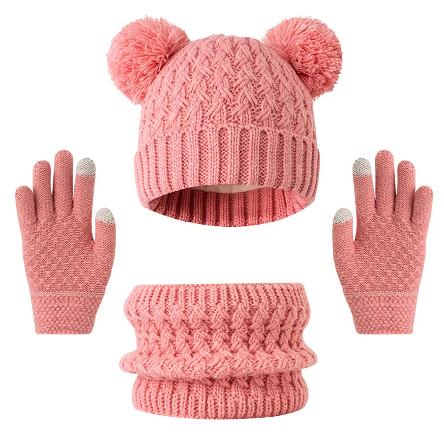 Gebreide winterset voor kinderen – muts, sjaal en handschoenen, geschikt voor kinderen van 3 tot 12 jaar.