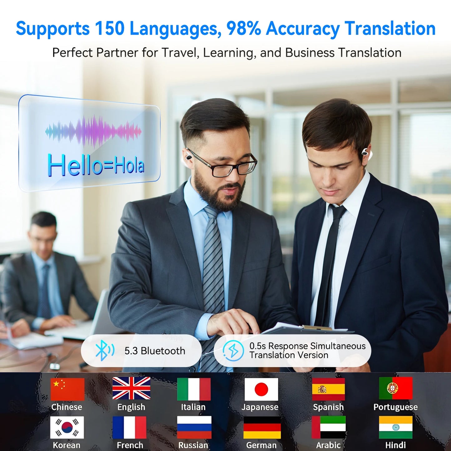 Écouteurs Traducteurs – 150 Langues, Bidirectionnels en Temps Réel, Bluetooth Sans Fil