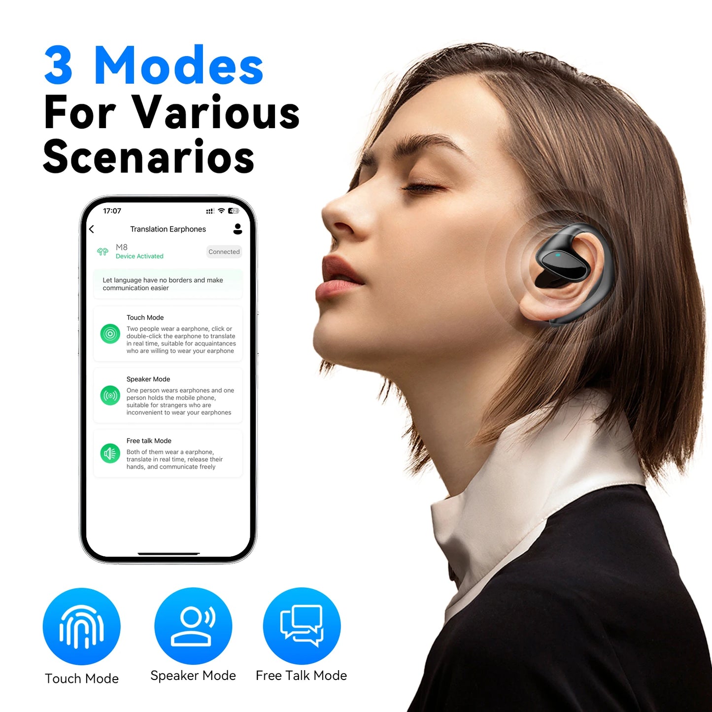 Écouteurs Traducteurs – 150 Langues, Bidirectionnels en Temps Réel, Bluetooth Sans Fil