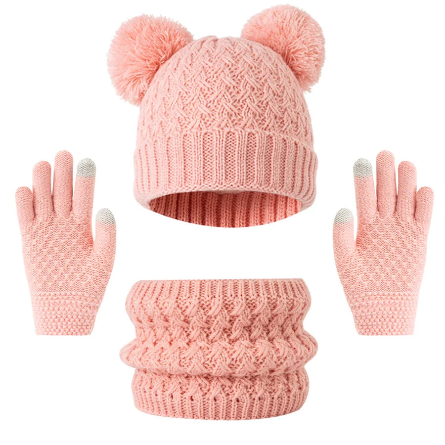 Gebreide winterset voor kinderen – muts, sjaal en handschoenen, geschikt voor kinderen van 3 tot 12 jaar.