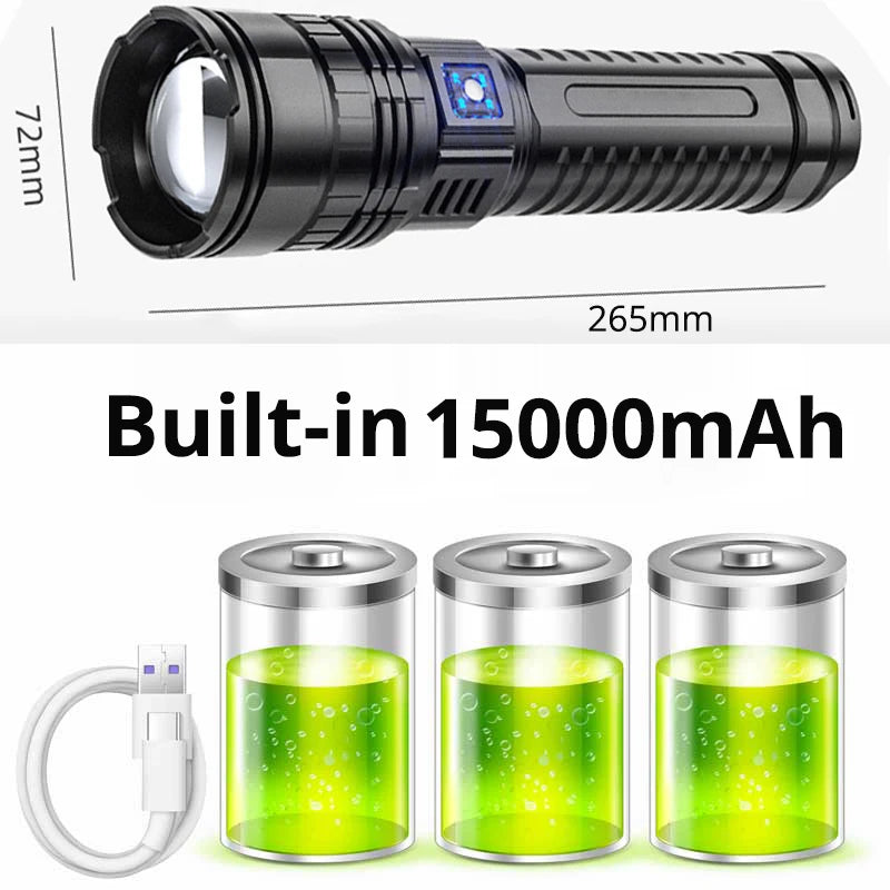 Ultra-Powerful LED Flashlight – 800W, 15000mAh Rechargeable Spotlight