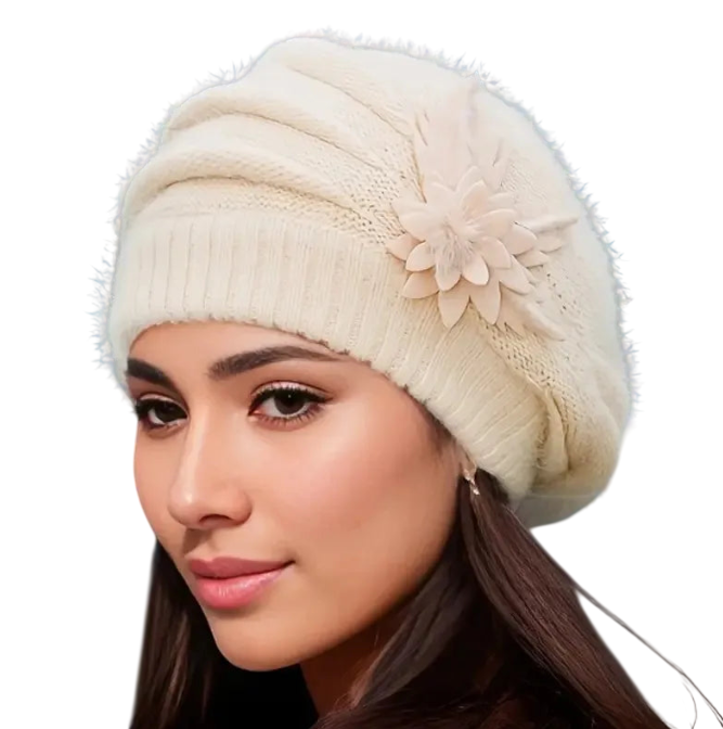 Winter Wool Beret – Knitted Flower Hat Autumn Winter