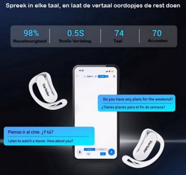 Écouteurs traducteurs sans fil – 144 langues, traduction hors ligne, noir