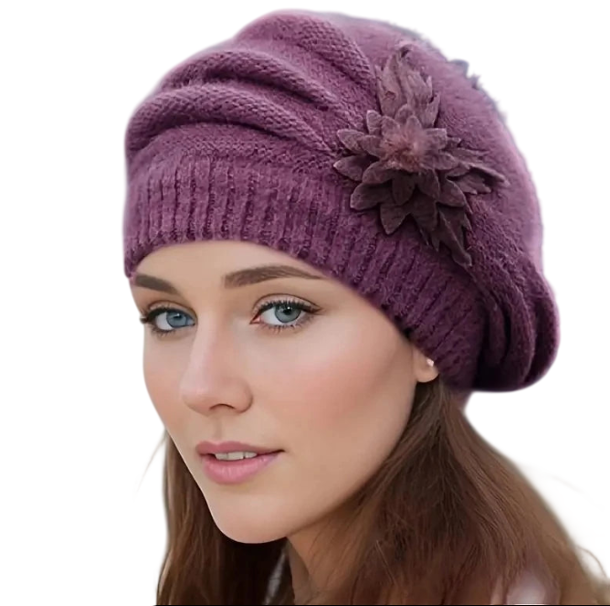 Winter Wool Beret – Knitted Flower Hat Autumn Winter
